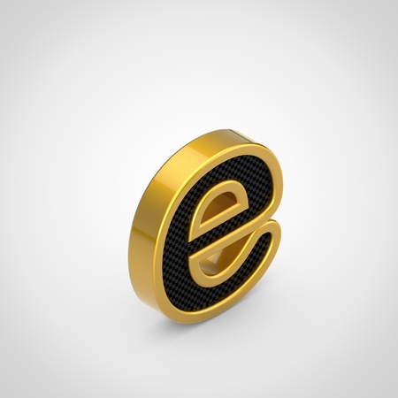 Golden letter E lowercase with black carbon fiber face texture. 3D rendering isometric font isolated on white background.の写真素材
