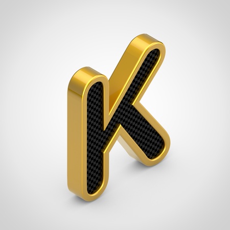 Golden letter K uppercase with black carbon fiber face texture. 3D rendering isometric font isolated on white background.の写真素材