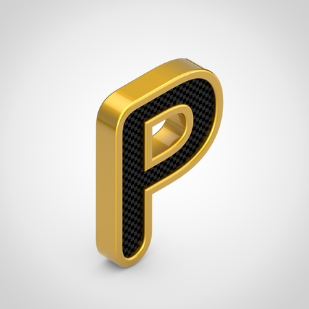 Golden letter P uppercase with black carbon fiber face texture. 3D rendering isometric font isolated on white background.の写真素材