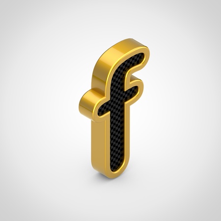 Golden letter F lowercase with black carbon fiber face texture. 3D rendering isometric font isolated on white background.の写真素材