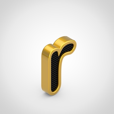 Golden letter R lowercase with black carbon fiber face texture. 3D rendering isometric font isolated on white background.の写真素材