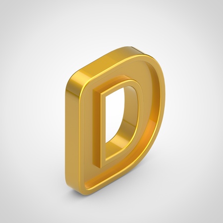 Golden letter D uppercase. 3D rendering isometric embossed font isolated on white background.の写真素材
