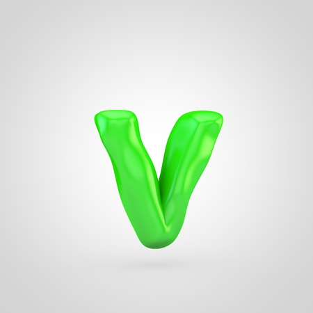 Green plasticine letter V lowercase. 3D render glossy plasticine font isolated on white background.の写真素材