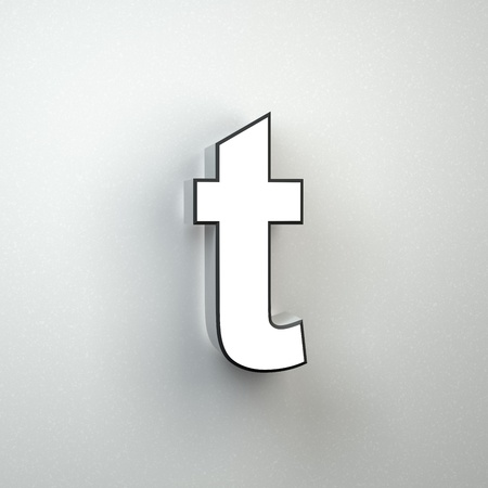Wall sign letter T lowercase. 3D render white neon font isolated on white wall.の写真素材