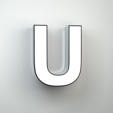 Wall sign letter U uppercase. 3D render white neon font isolated on white wall.の写真素材