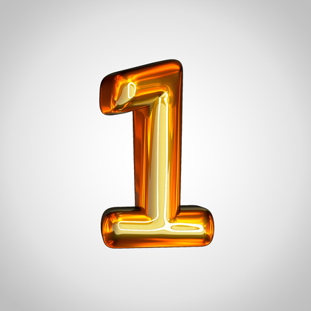 Golden number 1. 3d render gold font with fire reflection isolated on white backgroundの写真素材
