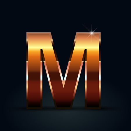 Bronze letter M uppercase. Bronze glossy vector font isolated on black backgroundのイラスト素材