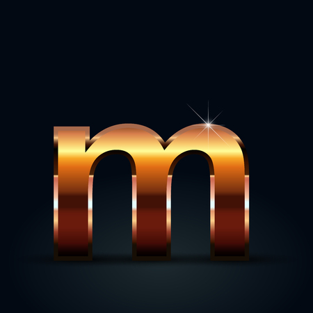 Bronze letter M lowercase. Bronze glossy vector font isolated on black backgroundのイラスト素材
