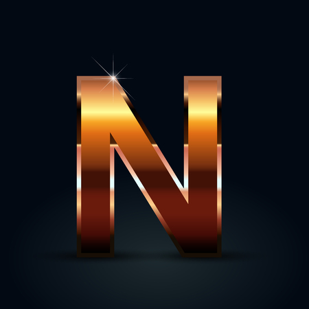 Bronze letter N uppercase. Bronze glossy vector font isolated on black backgroundのイラスト素材