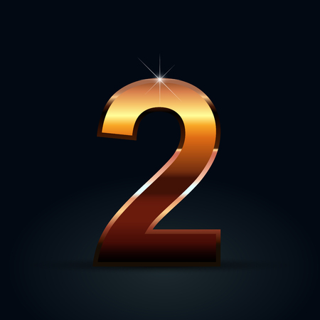 Bronze number 2. Bronze glossy vector font isolated on black backgroundのイラスト素材