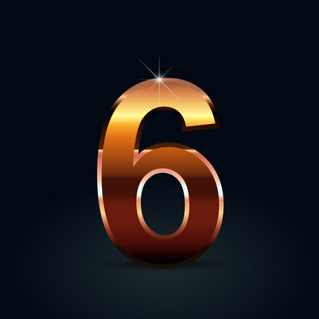 Bronze number 6. Bronze glossy vector font isolated on black backgroundのイラスト素材