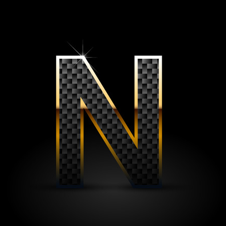 Black carbon fiber letter N uppercase. Carbon vector font with gold outline isolated on black backgroundのイラスト素材