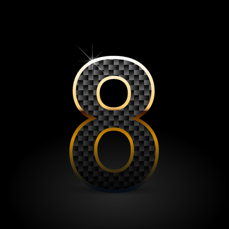 Black carbon fiber number 8. Carbon vector font with gold outline isolated on black backgroundのイラスト素材