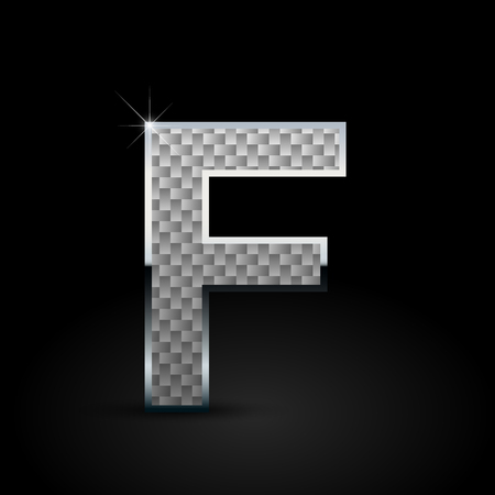 White carbon fiber letter F uppercase. Carbon vector font with chrome outline isolated on black backgroundのイラスト素材