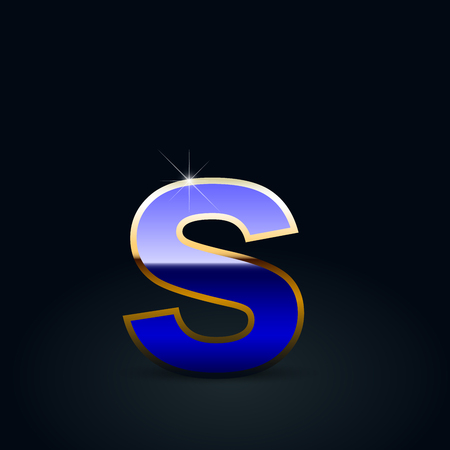 Blue glossy casino letter S lowercase. Vector font with golden outline isolated on black backgroundのイラスト素材