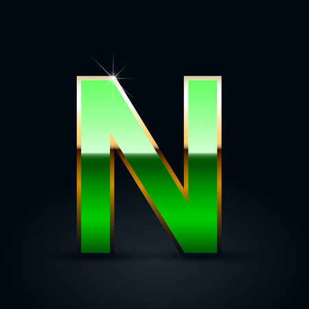 Green glossy casino letter N uppercase. Vector font with golden outline isolated on black backgroundのイラスト素材