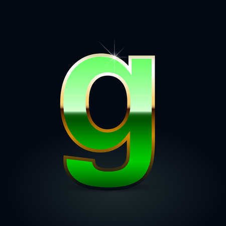 Green glossy casino letter G lowercase. Vector font with golden outline isolated on black backgroundのイラスト素材