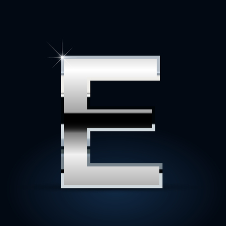 Chrome letter E uppercase. Vector font isolated on black backgroundのイラスト素材