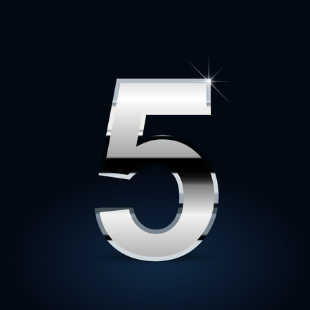 Chrome number 5. Vector font isolated on black backgroundのイラスト素材
