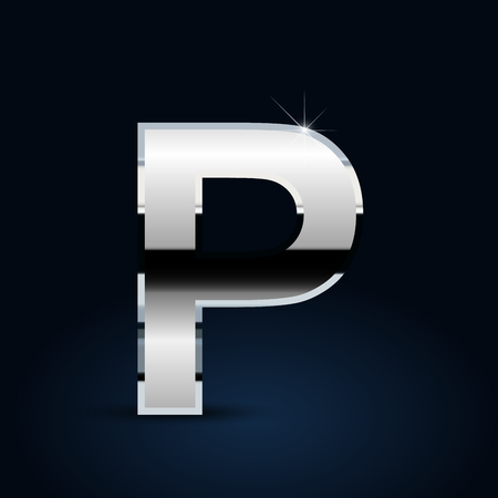 Chrome letter P uppercase. Vector font isolated on black backgroundのイラスト素材
