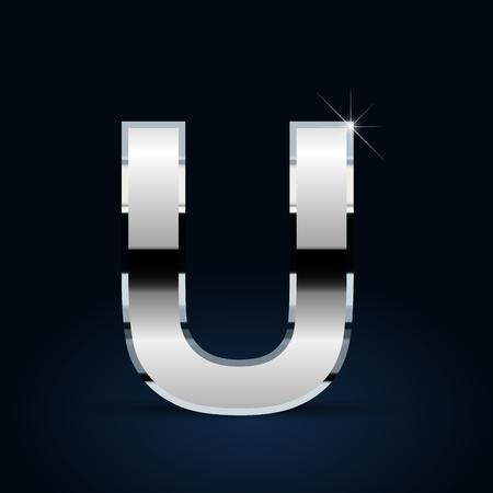 Chrome letter U uppercase. Vector font isolated on black backgroundのイラスト素材