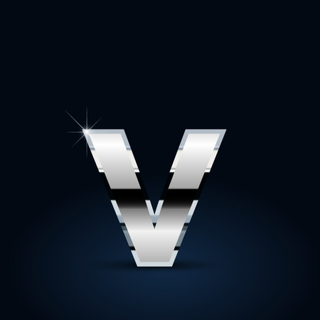 Chrome letter V lowercase. Vector font isolated on black backgroundのイラスト素材