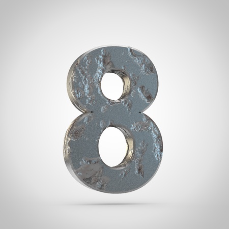 Cracked metal number 8. 3d font render isolated on white background