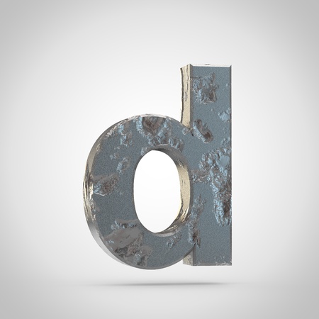 Cracked metal letter D lowercase. 3d font render isolated on white backgroundの写真素材