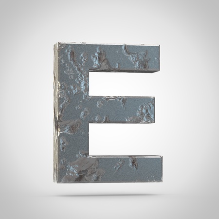 Cracked metal letter E uppercase. 3d font render isolated on white backgroundの写真素材
