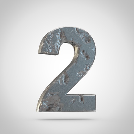 Cracked metal number 2. 3d font render isolated on white backgroundの写真素材