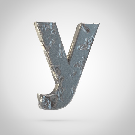Cracked metal letter Y lowercase. 3d font render isolated on white backgroundの写真素材