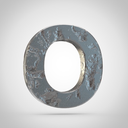 Cracked metal letter O uppercase. 3d font render isolated on white backgroundの写真素材