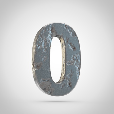 Cracked metal number 0. 3d font render isolated on white backgroundの写真素材