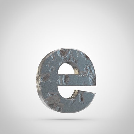 Cracked metal letter E lowercase. 3d font render isolated on white backgroundの写真素材