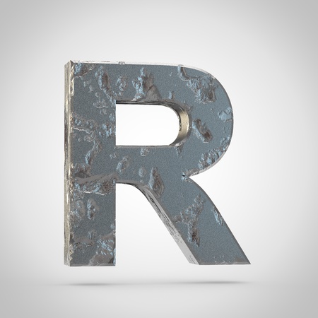 Cracked metal letter R uppercase. 3d font render isolated on white backgroundの写真素材