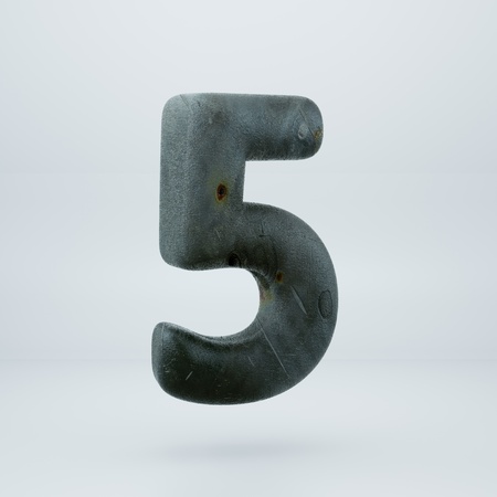 Rusty old metal number 5. 3d font render isolated on white backgroundの写真素材