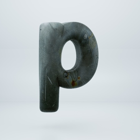 Rusty old metal letter P lowercase. 3d font render isolated on white backgroundの写真素材
