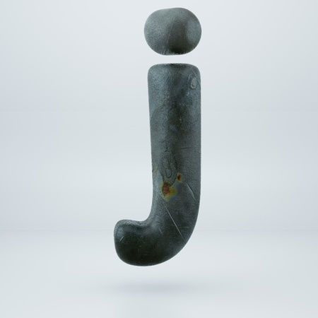 Rusty old metal letter J lowercase. 3d font render isolated on white backgroundの写真素材