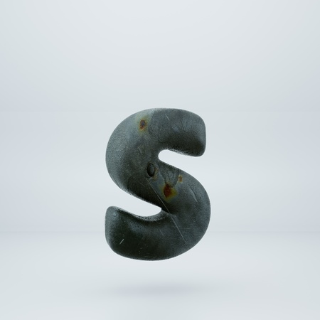 Rusty old metal letter S lowercase. 3d font render isolated on white backgroundの写真素材