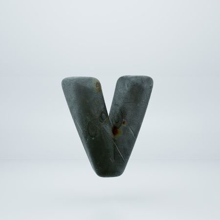 Rusty old metal letter V lowercase. 3d font render isolated on white backgroundの写真素材