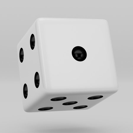 White dice with black dots hanging in half turn showing number 1. 3d render dice cube isolated on white backgroundの写真素材