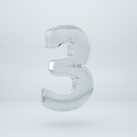 Ice number 3. 3D render ice font with cracks isolated on white backgroundの写真素材