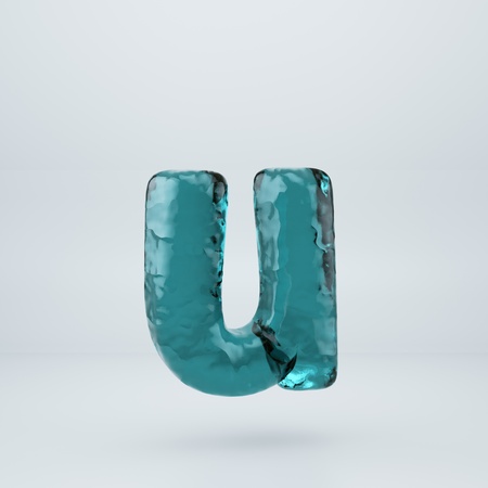 Ocean water letter U lowercase. 3D render blue water font isolated on white background.の写真素材