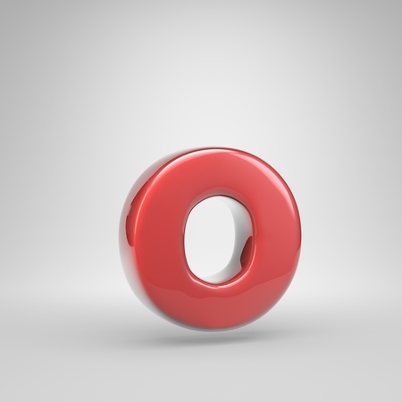 Coral car paint letter O lowercase. 3D render glossy font isolated on white backgroundの写真素材