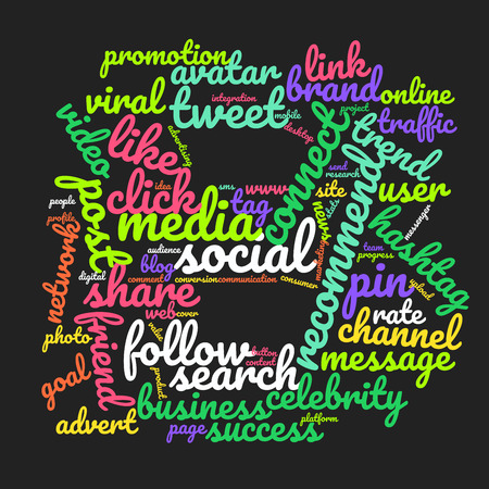 Word cloud letter B. Vector colorful font made with social media words isolated on black backgroundのイラスト素材