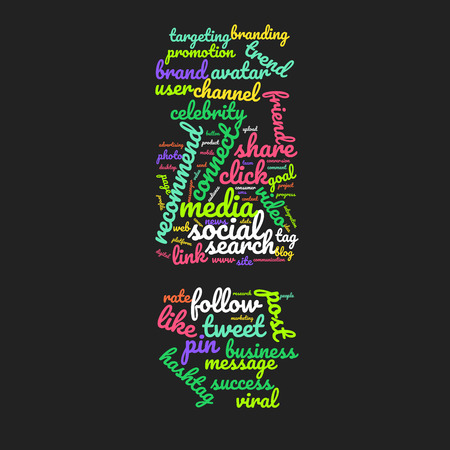 Word cloud exclamation mark symbol. Vector colorful font made with social media words isolated on black backgroundのイラスト素材
