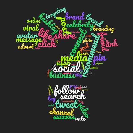 Word cloud question symbol. Vector colorful font made with social media words isolated on black backgroundのイラスト素材