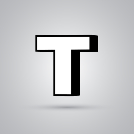 White 3D vector letter T uppercase with black border. Glossy font with light reflection and shadow isolated on white backgroundのイラスト素材