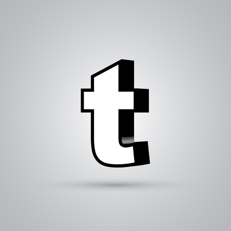 White 3D vector letter T lowercase with black border. Glossy font with light reflection and shadow isolated on white backgroundのイラスト素材