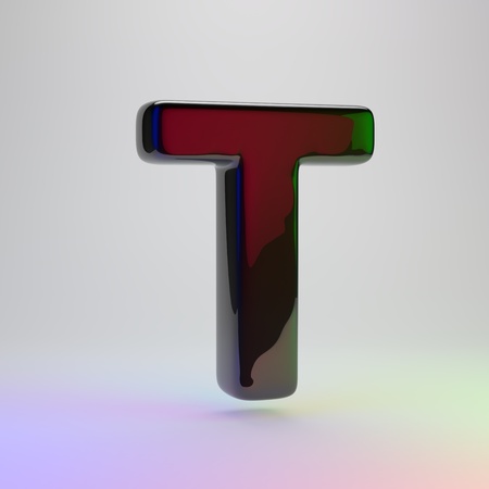 3d letter T uppercase. Black font with red, green and blue lights reflection isolated on light backgroundの写真素材